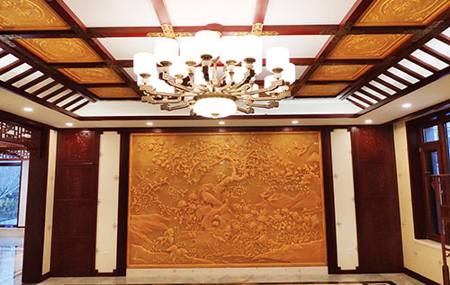 宜昌中式别墅客厅中式木作横梁吊顶装饰展示