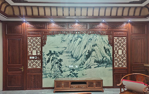 宜昌中式仿古别墅客厅背景墙花格木作装饰